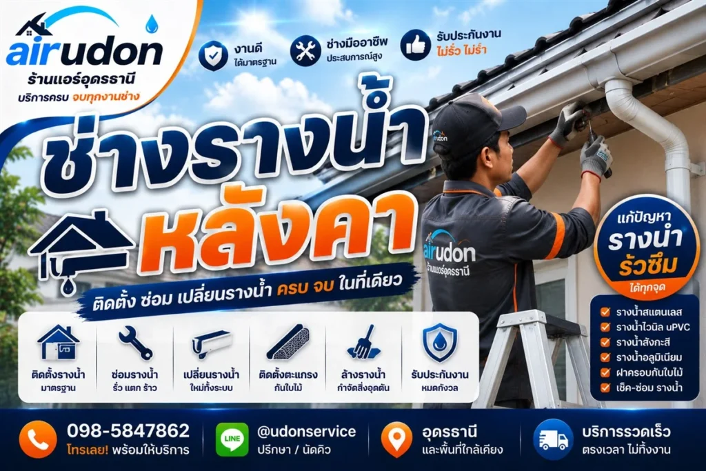 ช่างรางน้ำฝน หลังคา อุดรธานี ติดตั้ง ซ่อม เปลี่ยน ล้างรางน้ำ รับประกันงาน 1 ปี