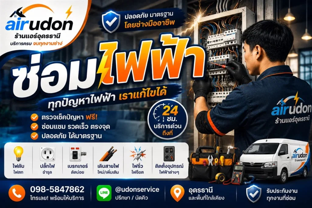 ช่างไฟฟ้าอุดรธานี ซ่อมไฟฟ้า เดินสายไฟ ติดตั้งเบรกเกอร์ ปลั๊กไฟ บริการถึงที่ โดยทีมช่างนัท airudon