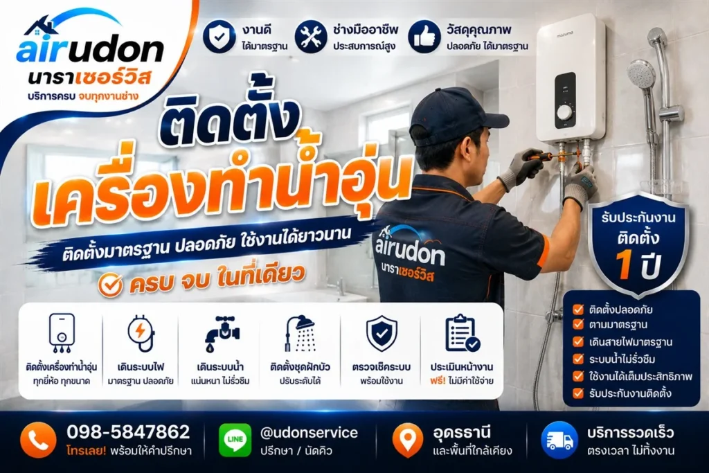 ติดตั้งเครื่องทำน้ำอุ่น อุดรธานี ทุกยี่ห้อ ปลอดภัย รับประกันงานติดตั้ง 1 ปี