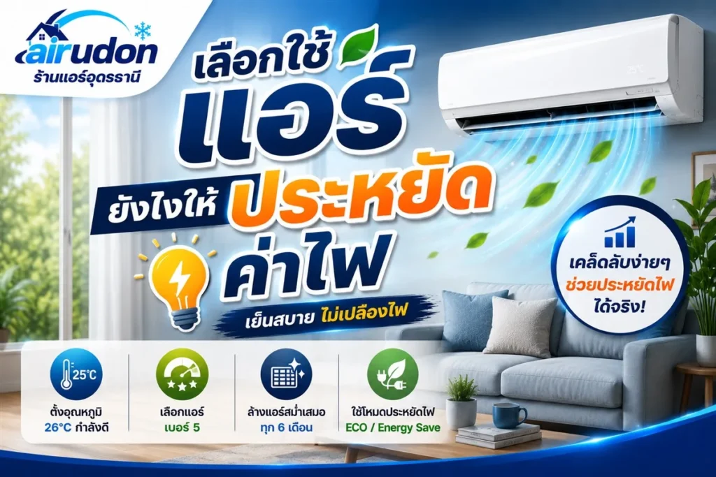 เคล็ดลับเลือกใช้แอร์ให้ประหยัดค่าไฟ ตั้ง 26 องศา แอร์เบอร์ 5 ล้างทุก 6 เดือน โหมด ECO โดยช่างแอร์อุดรธานี airudon